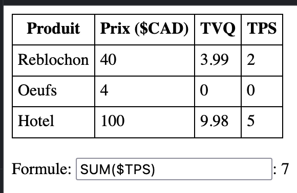 Screenshot d'application avec une table et un input pour écrire un formule